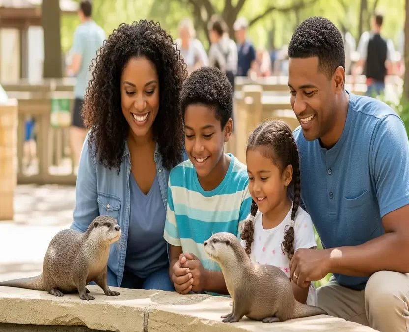 Family smiling while observing otters at Cameron Park Zoo, a top thing to do with kids in Waco Texas.