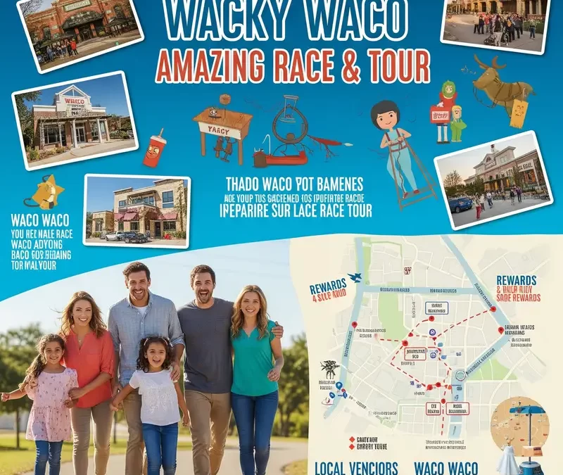 A vibrant group of diverse participants, including families and friends, laughing and engaging in an interactive scavenger hunt during the Wacky Waco Amazing Race & Tour, with iconic Waco landmarks in the background. Shows exploration and fun adventure.