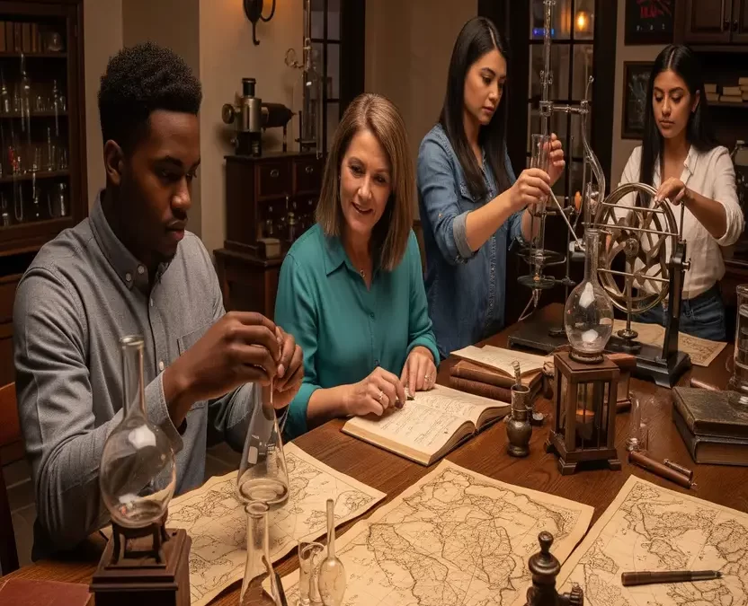 Group solving a challenging puzzle in a Waco escape room with a historical laboratory theme