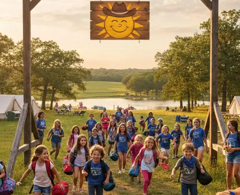A group of happy children in blue t-shirts running through a wooden "Waco Kids Camp" entrance gate at sunset, with white tents and a lake in the background.