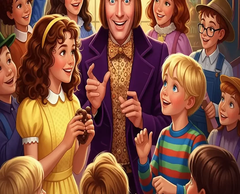 Willy Wonka with children in his chocolate factory, promoting the Willy Wonka Kids show in Waco Texas.
