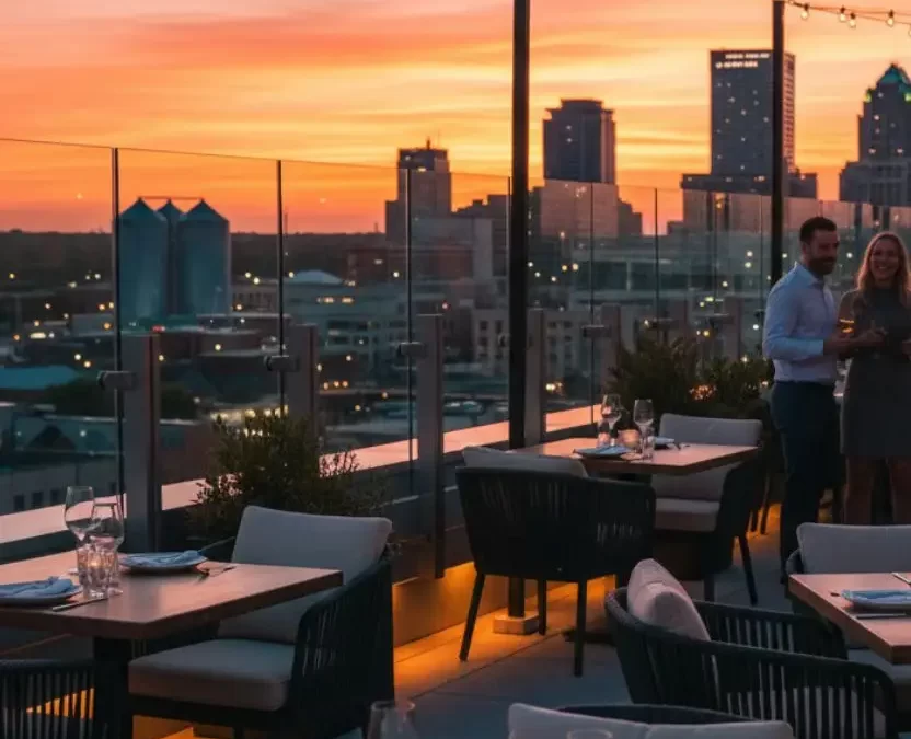 Sunset view from an outdoor dining patio with tables and guests, overlooking a city skyline and river, representing the best rooftop restaurants in Waco Texas.