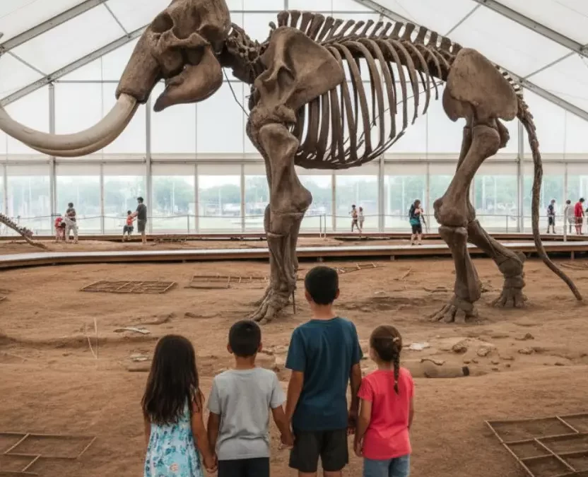 Four children stand with their backs to the camera, looking up at a massive, reconstructed Columbian Mammoth skeleton and tusks inside a large, open-air pavilion.