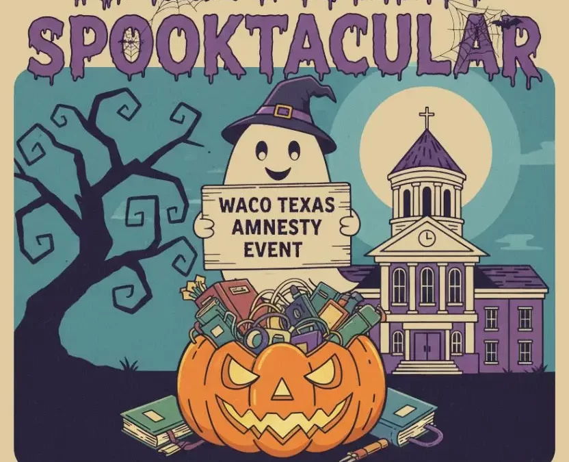 Halloween Spooktacular Amnesty Event Waco Texas - Cartoon ghost holding a sign in front of a pumpkin overflowing with miscellaneous items and a spooky Waco courthouse at night.