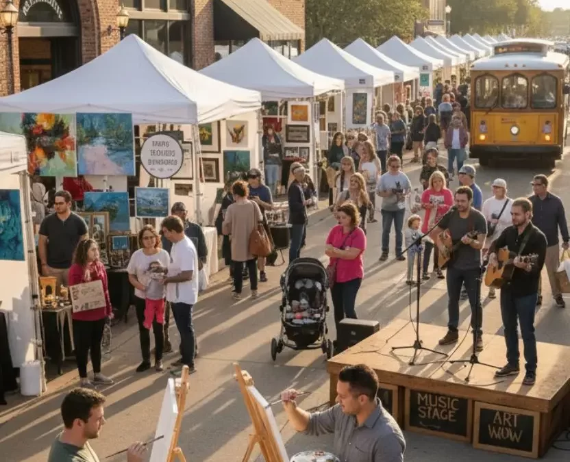 A vibrant outdoor art fair in Waco, Texas, with white vendor tents, live music, artists painting, and a trolley on a street in front of the historic Hotel Herringbone building.