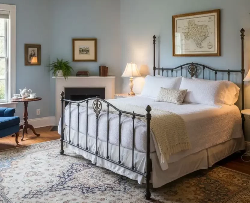 A cozy, light-blue walled bedroom in a Waco, Texas, bed and breakfast features a black iron four-poster bed, a patterned area rug on hardwood floors, a white fireplace, and a map of Texas hanging on the wall.