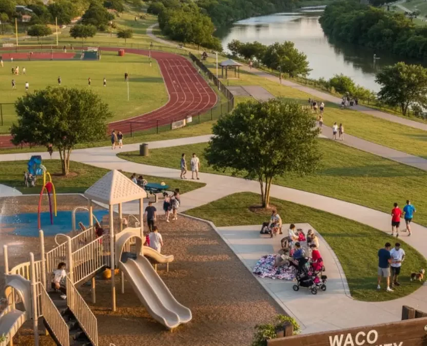 Aerial view of a large community park in Waco, Texas, featuring a playground and splash pad in the foreground, with a running track, paved walking paths, the Brazos River, and the historic Suspension Bridge and limestone cliffs in the background.