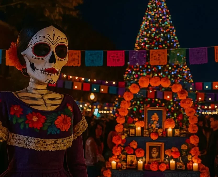 A vibrant Día de los Muertos festival scene in Waco Texas featuring colorful ofrendas, marigolds, papel picado and traditional calaca figures.
