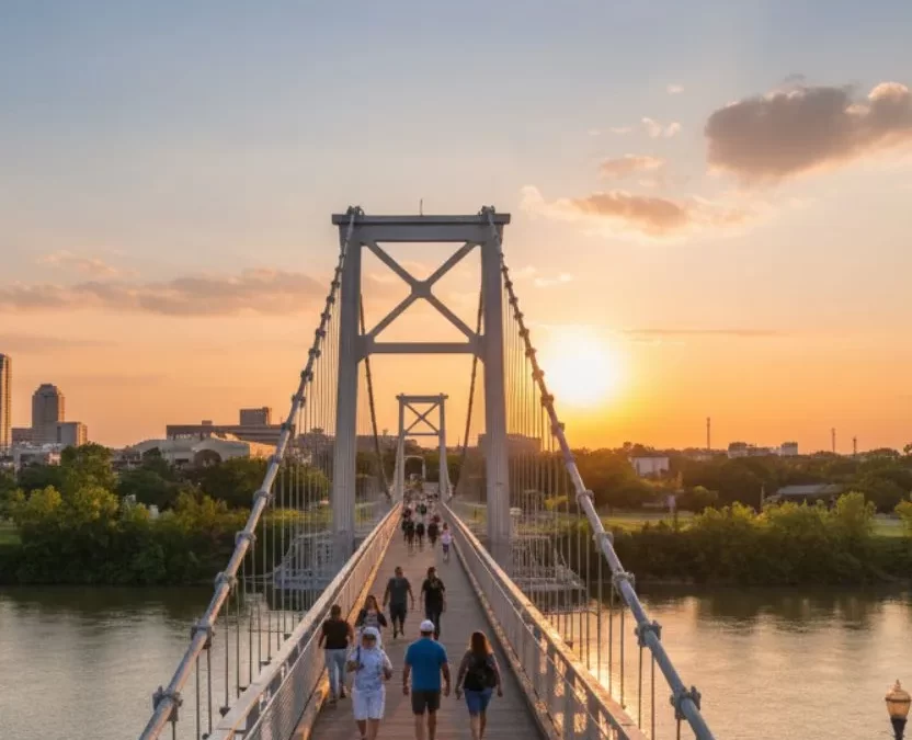 The Waco Suspension Bridge and Riverwalk, a key tourist attraction in Downtown Waco, Texas, at sunset.