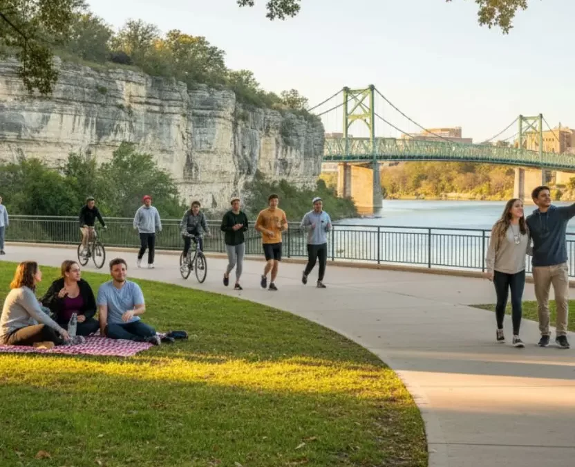 Explore the scenic beauty of Waco without spending a dime! Enjoy a picnic in a picturesque park along the Brazos River, with stunning views of the iconic Suspension Bridge and Baylor University campus in the distance.
