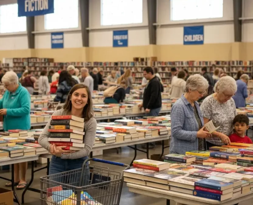 Overhead view of a massive indoor book sale with hundreds of people browsing long tables piled high with books. Large signs overhead indicate sections like "Fiction," "Non-Fiction," and "Children." A woman in the foreground is smiling while carrying a stack of books and pushing a small cart.