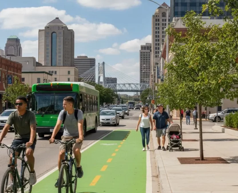 A pedestrian and a city trolley or bus moving near downtown buildings, showing ways of getting around Downtown Waco Texas.
