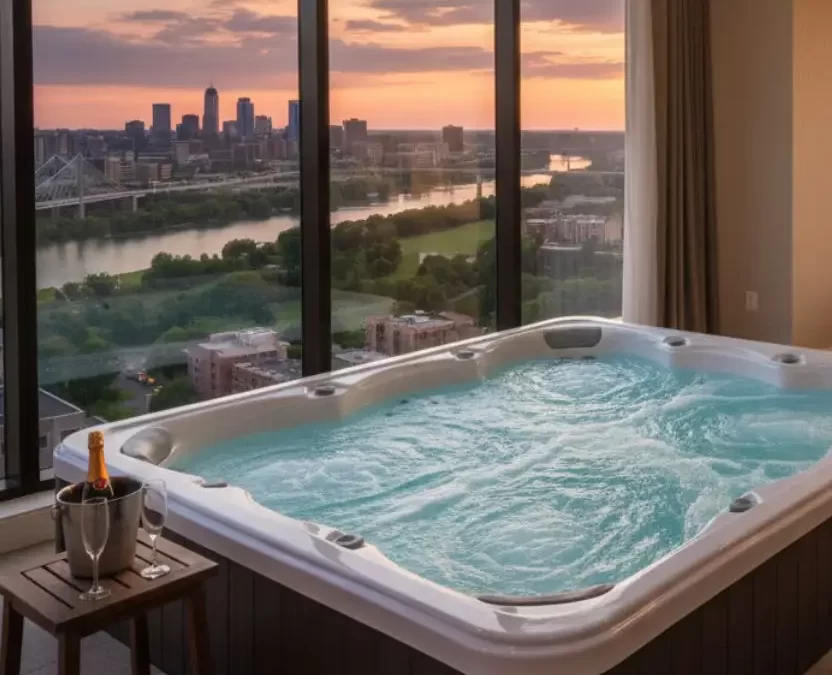 A luxurious hotel bathroom in Waco, Texas, featuring a large, freestanding white soaking bathtub next to a window with modern marble tiling and an upscale vanity.