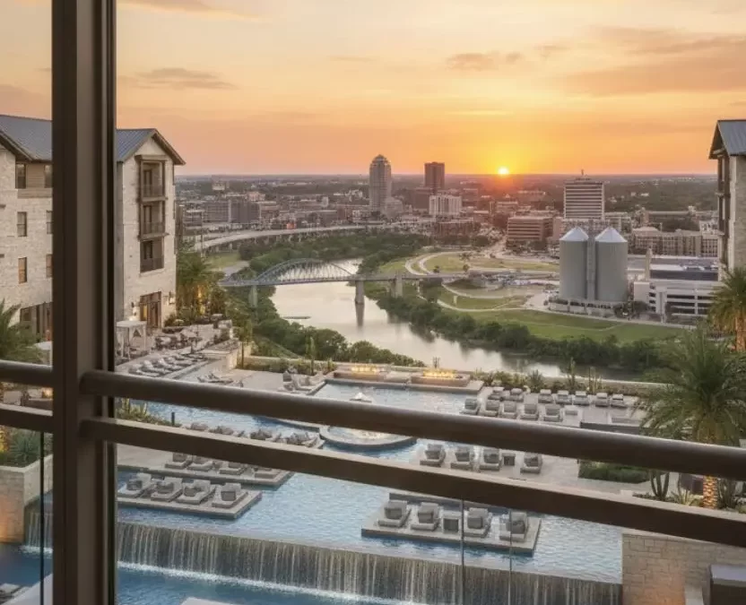 Aerial view of a luxury hotel courtyard in Waco, Texas