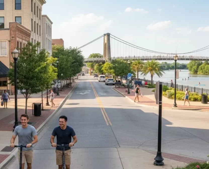 Two men ride scooters past a green trolley on a sunny street in downtown Waco, Texas, with the Suspension Bridge visible over the Brazos River.