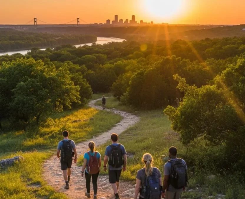 Hikers on a dirt trail in Cameron Park, Waco, Texas