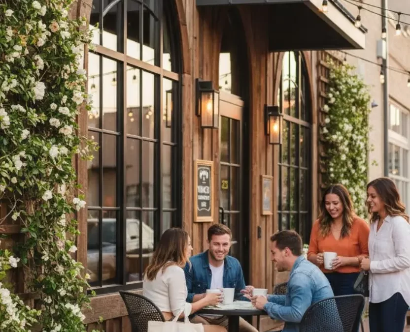 A group of five smiling people, including one with a Magnolia Market tote bag, gather at an outdoor cafe table on a brick sidewalk in a charming downtown Waco street near various shops and restaurants.