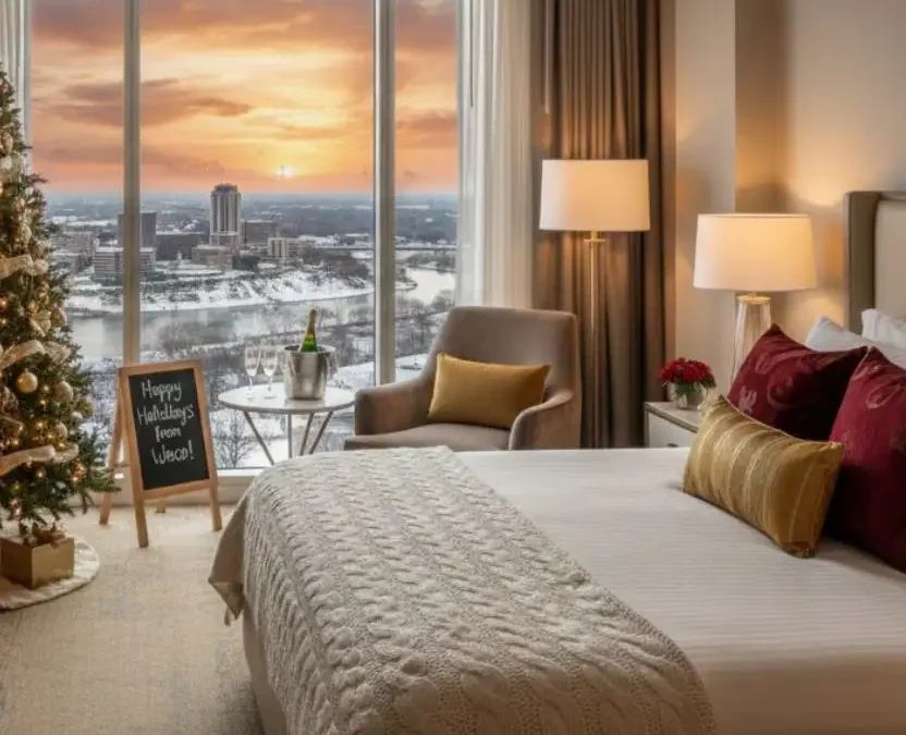The elegant rooftop bar at Hotel 1928 in downtown Waco, Texas, featuring upscale lounge seating, warm outdoor heaters, and a panoramic view of the city’s holiday lights.