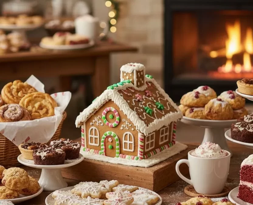 A colorful display of holiday treats in a Waco, Texas bakery, featuring an array of festive red and green decorated cookies, cupcakes, and seasonal pies on a tiered stand.