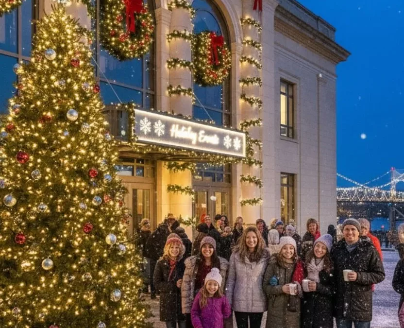Historic Waco museum exterior with a large, lit Christmas tree and people in warm winter coats attending holiday events.