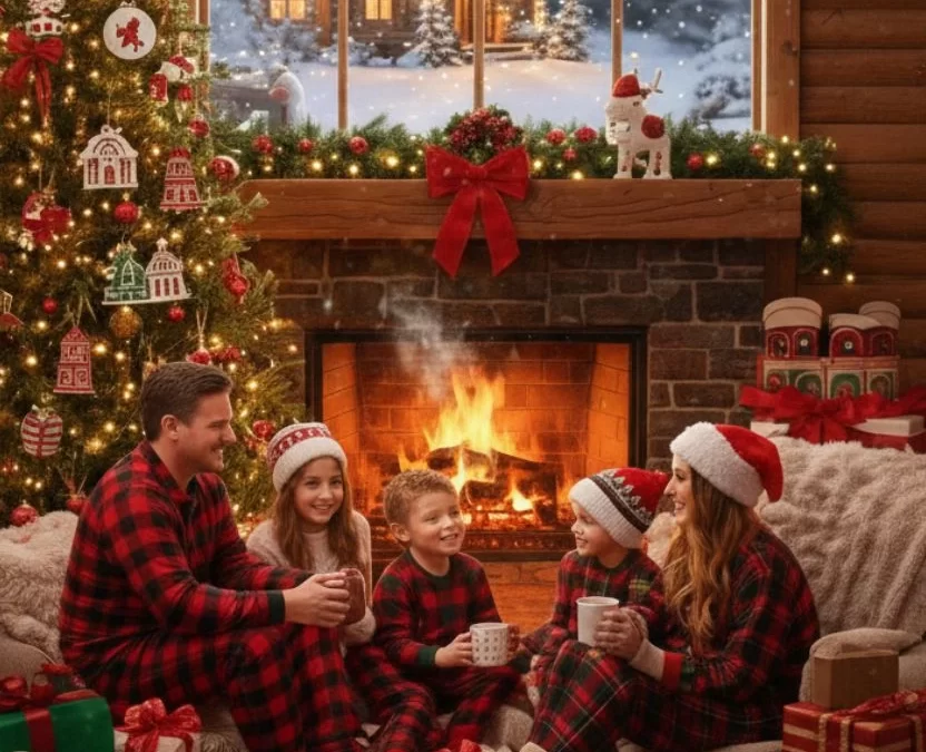 A family in matching red plaid pajamas sitting by a cozy fireplace and Christmas tree in Waco, Texas, celebrating Christmas Eve.
