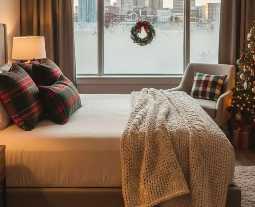 A festive and cozy boutique hotel lobby in downtown Waco, Texas, decorated for December with a tall, glowing Christmas tree, warm lighting, and elegant holiday wreaths.