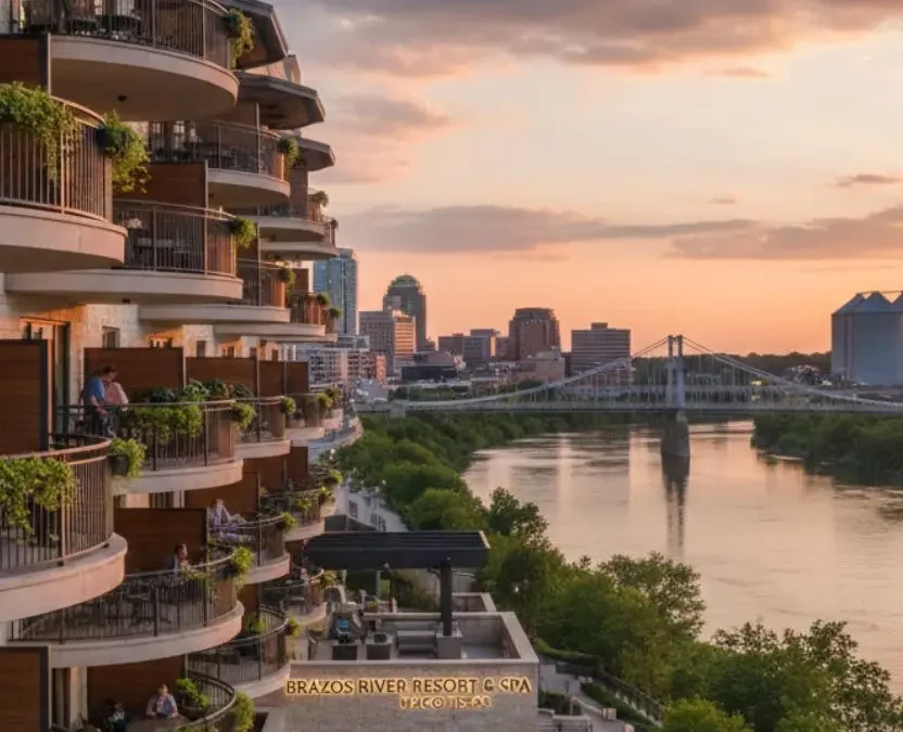 hotel in Waco, Texas, featuring multiple curved balconies with glass railings overlooking the Brazos River at sunset, including a poolside lounge area and the Waco Suspension Bridge in the background.