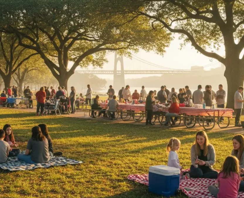 A large family gathering for a reunion in a Waco, Texas park, featuring picnic blankets, long tables with red-checkered cloths, and the iconic Waco Suspension Bridge in the background.