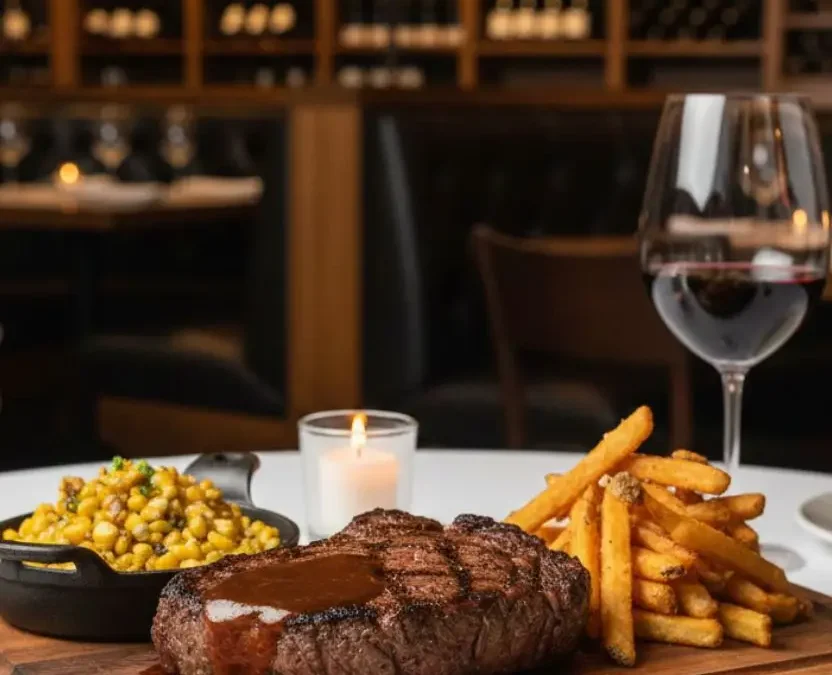 A gourmet seared steak topped with rich reduction sauce served on a wooden board with golden fries and a side of creamed corn in an upscale Waco steakhouse with a background wine cellar.