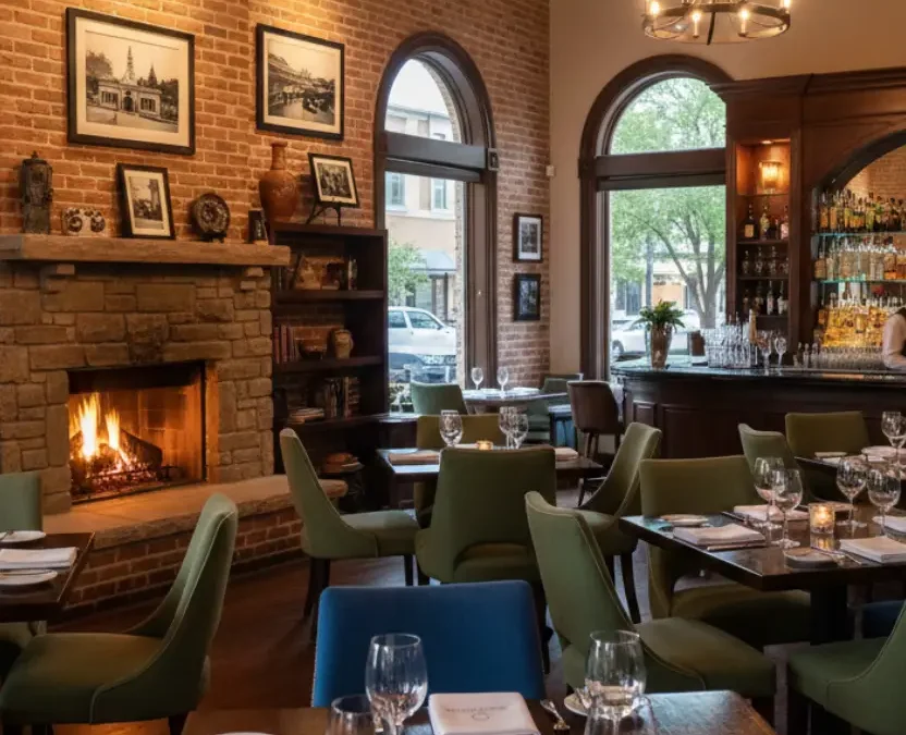 Interior of an upscale restaurant in Waco, Texas, featuring a cozy stone fireplace, exposed brick walls, elegant wood-beamed ceilings, and a sophisticated bar area with set dining tables.