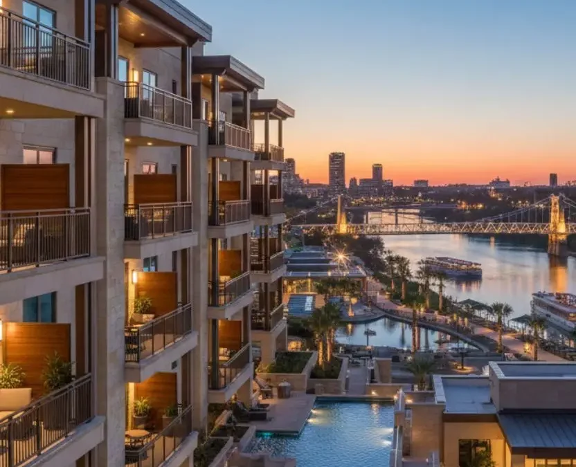 A luxury multi-story hotel in Waco, Texas, featuring private stone balconies overlooking a tiered infinity pool and the Brazos River at sunset.