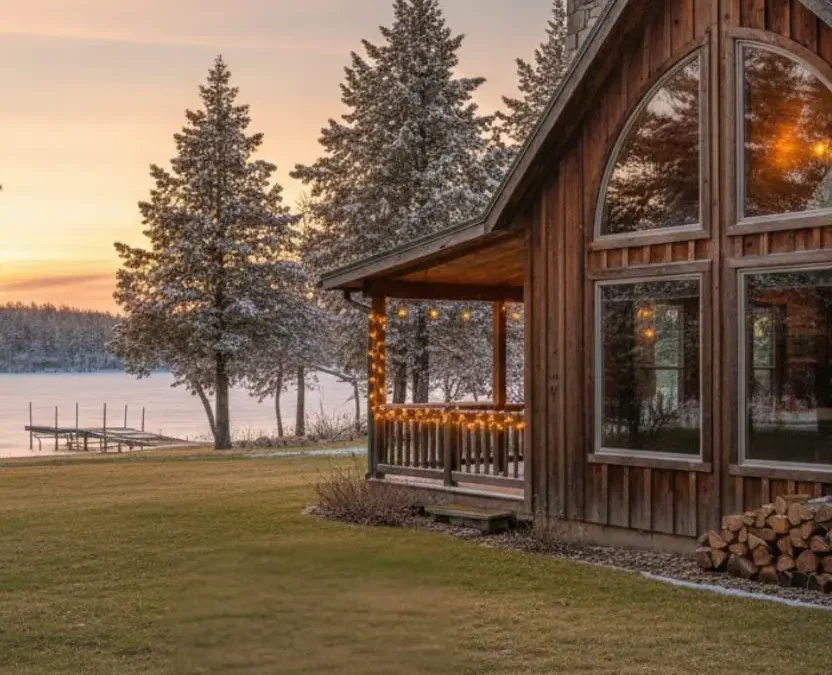 A rustic wooden cabin in Waco, Texas, with warm interior lighting and a lakeside view during a clear winter sunset.