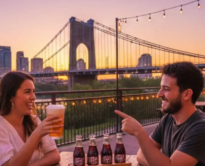 A young couple enjoying a flight of local sodas at a riverside patio in Waco, Texas, with the historic Suspension Bridge and city skyline illuminated at sunset.