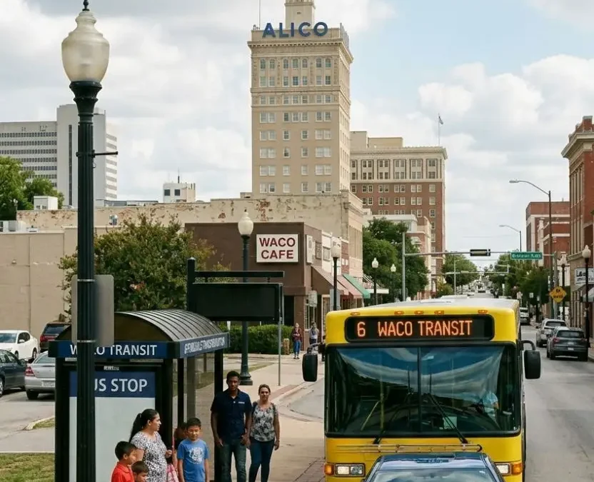 A Waco Transit bus and a rideshare car driving down Austin Avenue past the historic ALICO building, highlighting affordable transportation services in Waco Texas.