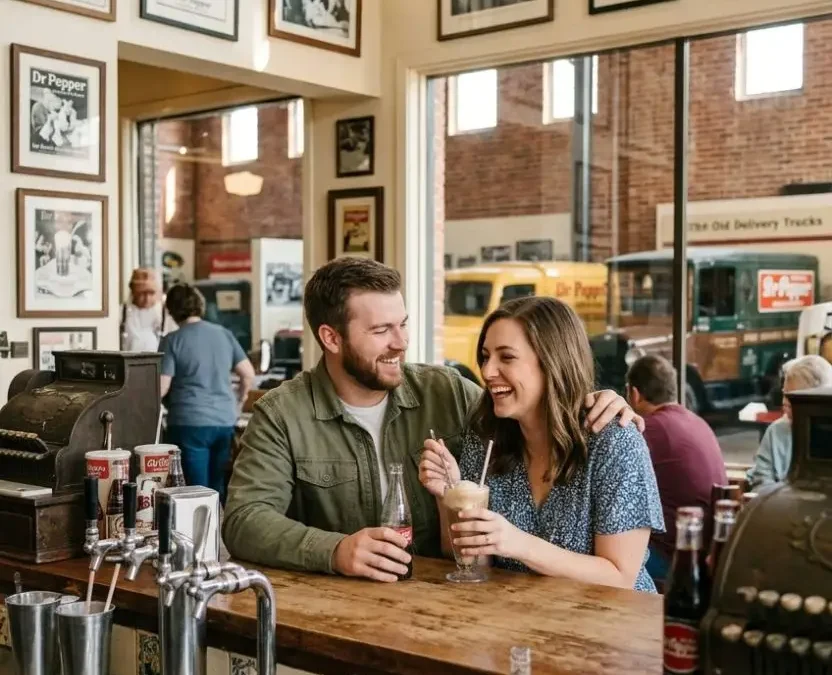 A realistic photograph of a happy couple laughing and enjoying a Dr Pepper float together at the vintage soda fountain counter inside the Dr Pepper Museum, illustrating one of the fun date ideas in Waco, Texas.