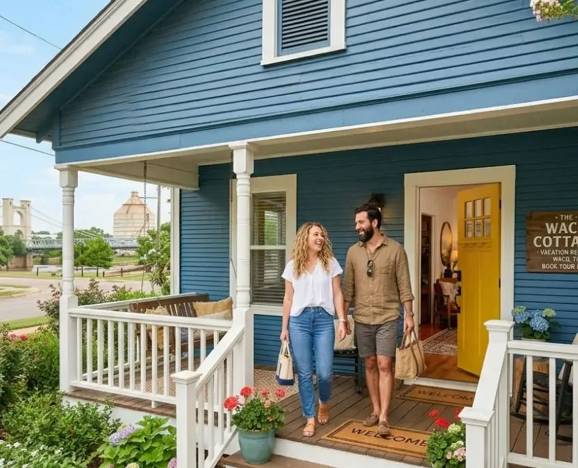 A happy couple with weekend bags walks down the front steps of a charming, blue Magnolia-style vacation rental cottage in Waco, Texas.