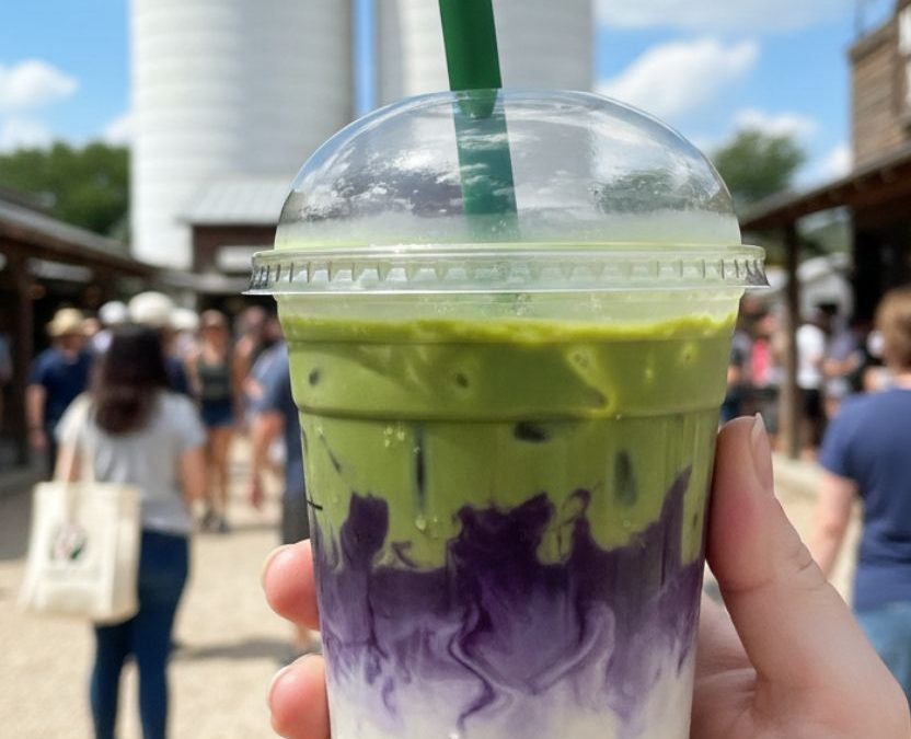 A hand holding a layered iced matcha boba tea with purple ube and white milk in a clear plastic cup at the Magnolia Silos in Waco, Texas.