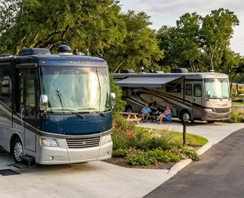 Modern motorhomes and fifth-wheels parked at concrete pull-through sites at luxury RV Parks with full hookups in Waco, Texas, featuring utility pedestals, manicured lawns, and mature trees.