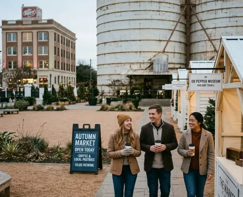 Three people walking and laughing with coffee cups at the Magnolia Silos during an autumn market event, with a sign for Things To Do in Waco Texas This Winter nearby.