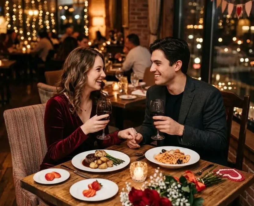A happy couple toasts with red wine during a romantic dinner at a dimly lit restaurant, featuring a bouquet of red roses on the table, as part of a Valentines Day Guide in Waco Texas.