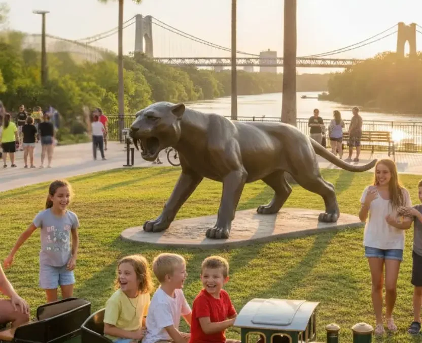 A group of happy children riding a green miniature train at a sunny park in Waco, Texas, with the historic Suspension Bridge and Brazos River in the background.