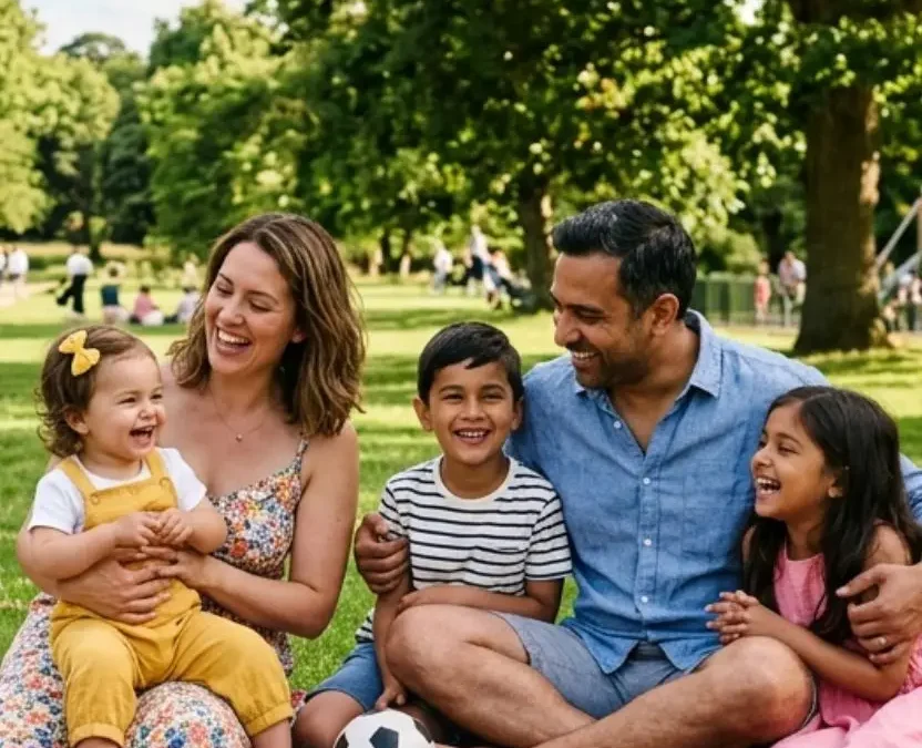 A happy, diverse family of five enjoys a sunny picnic on a red plaid blanket in a lush green park with large oak trees and a playground in the background.