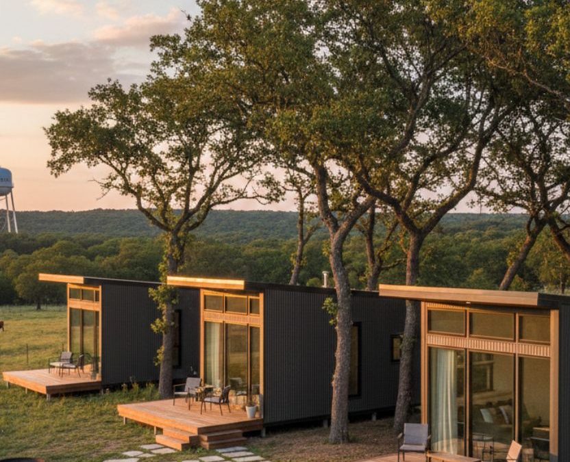Three sleek, dark modern cabins sit in a grassy Texas field surrounded by oak trees at sunset, with a water tower visible in the distant background.