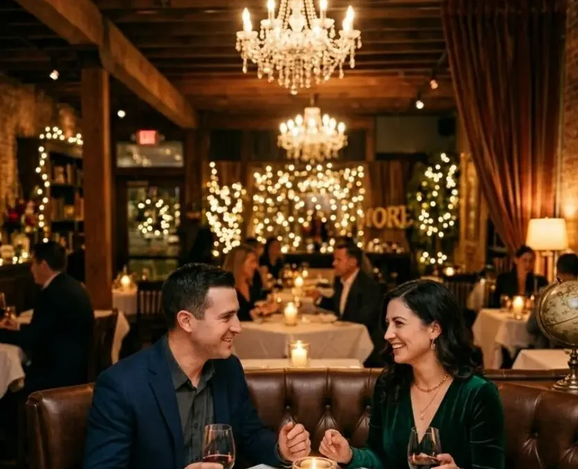 A romantic couple having a date night dinner at a dimly lit restaurant in Waco, Texas, smiling and holding wine glasses over a candlelit table.