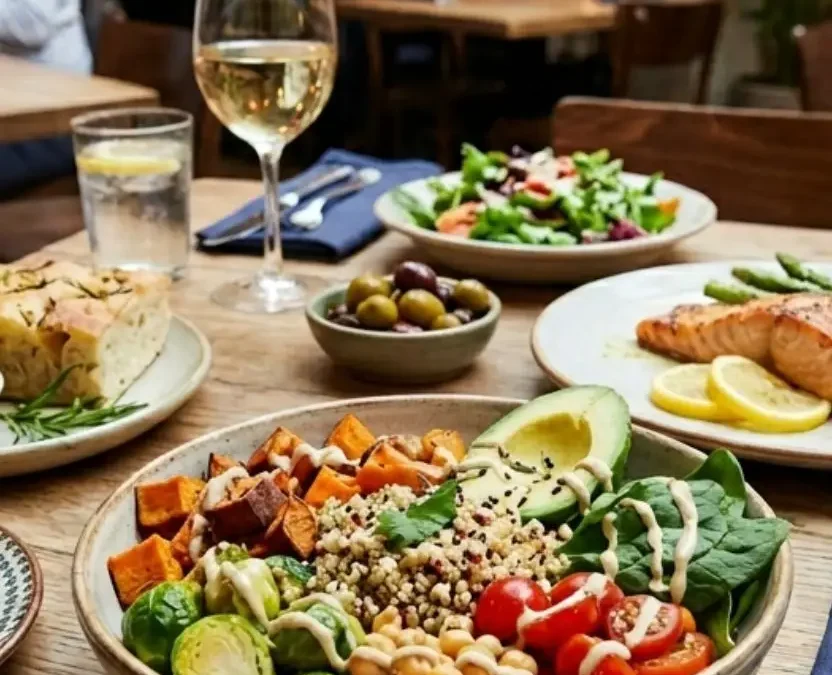 A restaurant table filled with healthy dishes, including a salmon plate, a quinoa grain bowl, and fresh bread, perfect for anyone looking for Gluten Free Restaurants in Downtown Waco Texas.
