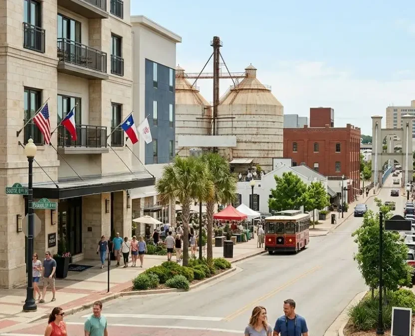 A vertical view of a vibrant street in downtown Waco, Texas, featuring pedestrians with luggage walking past modern hotels with the historic Magnolia Silos visible in the background.