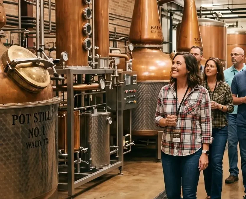 A diverse group of tourists smiles as a guide walks them through the bright Balcones Distillery tour in Waco, Texas, alongside tall copper pot stills, steel tanks, and racks of aging wooden whiskey barrels.