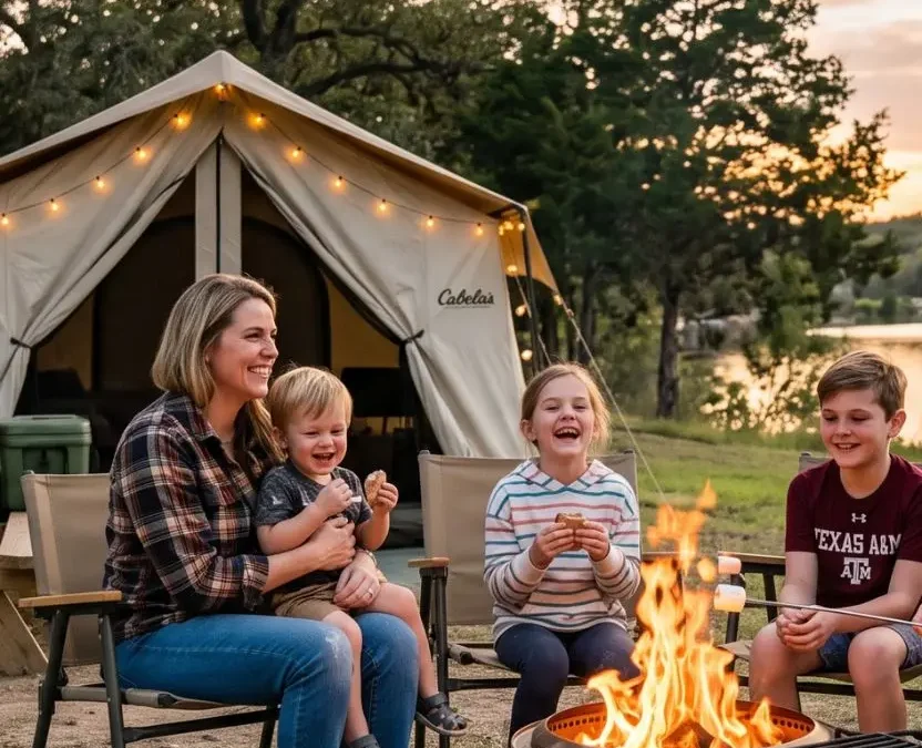 A family laughs together around a campfire at a Waco Texas campground near a lake during a vibrant sunset.