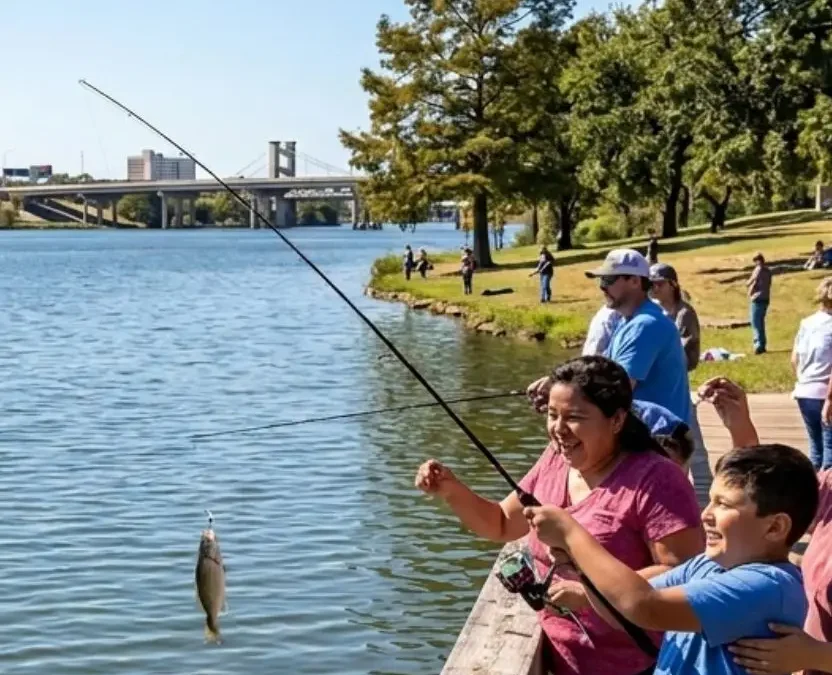A family smiling on a wooden boardwalk by a wide river in Waco, Texas, while a young boy successfully catches a fish on his fishing rod.