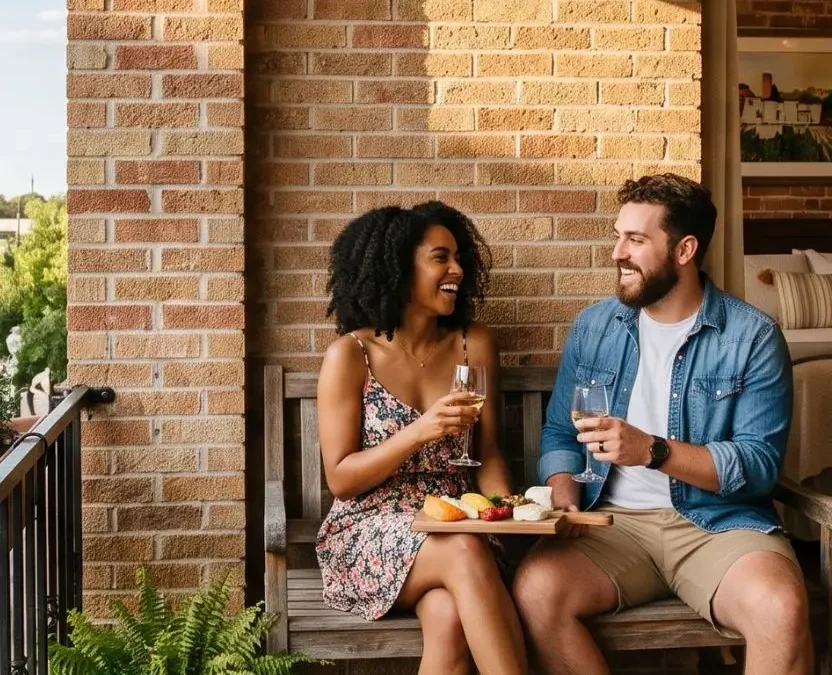 A happy couple relaxes on the private balcony of a brick boutique vacation rental in downtown Waco, Texas, sharing a charcuterie board and wine while overlooking a street with the Magnolia Silos in the background.